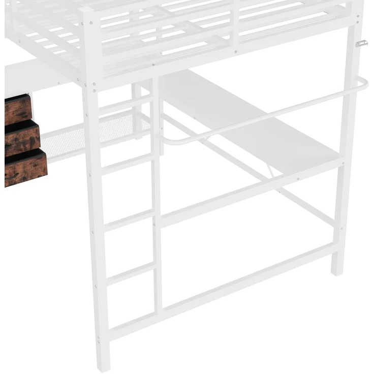 EINHOM Hochbett, 140 x 200 cm, mit LED-Leuchten, Schreibtisch, Steckdose + USB, 3 Schubladen, Regale, Geländer, Treppe, Weiß (Ohne Matratze) – Bild 5