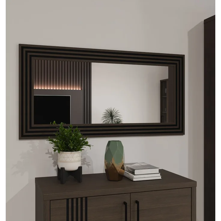 Forte EUFEMIUS Spiegel 120, moderner Spiegel mit gefrästem Rahmen, Dunkelbraun|Schwarz Eiche Holzdekor, 120 cm breit x 60 cm hoch x 1,6 cm tief