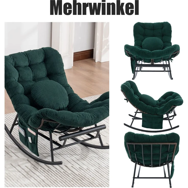 LVHOM Schaukelstuhl mit ausziehbarer Fußstütze, Rattanstuhl mit Stahlrahmen, Schaukelsessel mit gepolstertem Kissen und Seitentasche, Lounge Sessel, 1 St, Dunkelgrün – Bild 5