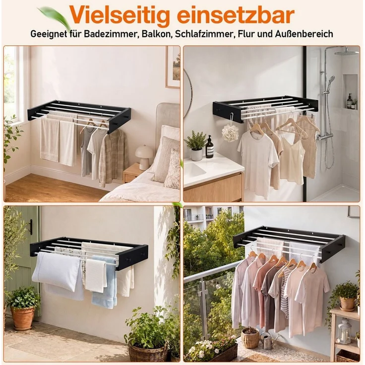 Clanmacy Wandwäschetrockner 80 cm Klappbarer Wäscheständer, Wandtrockner Schwarz mit 5 Stangen – Bild 3