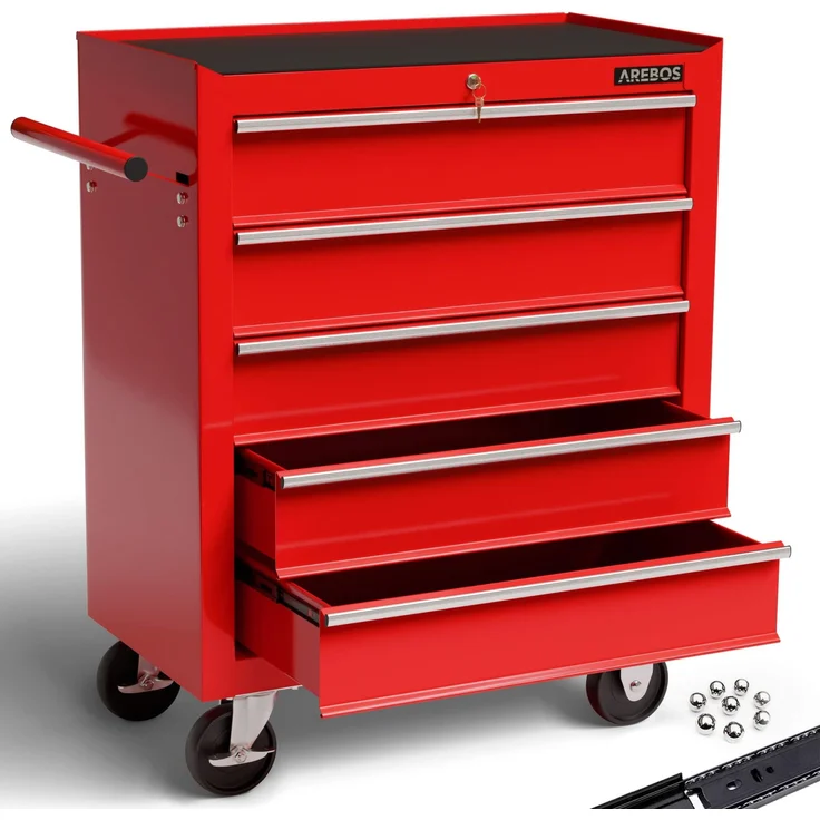 Arebos Werkstattwagen 5 Fächer | Rollwagen zentral abschließbar | kugelgelagerte Schubladen inkl. Antirutschmatten | Werkzeugwagen fahrbar 2 Rollen mit Feststellbremse | Rot