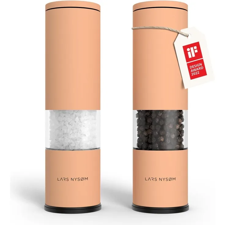 LARS NYSØM Salz und Pfeffermühle Set Manuell mit einstellbarem Keramikmahlwerk I Edelstahl Pfeffermühle und Salzmühle I Design Gewürzmühlen Set (2 Stück) (Creamy Peach)