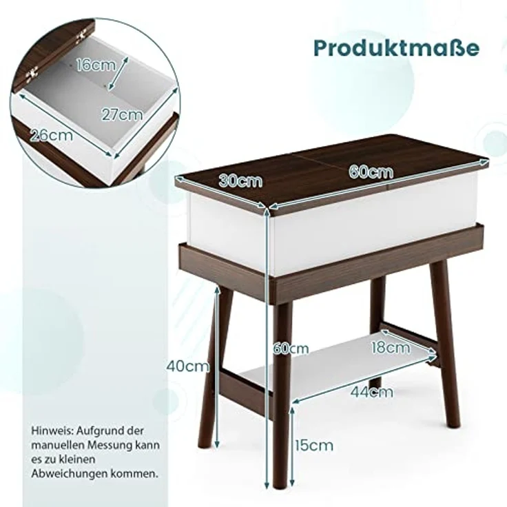 COSTWAY Beistelltisch mit klappbarer Tischplatte, schmaler Sofatisch aus Gummiholz, Nachttisch Klapptisch für Wohnzimmer, Schlafzimmer, 60 x 30 x 60 cm, Dunkelbraun – Bild 3