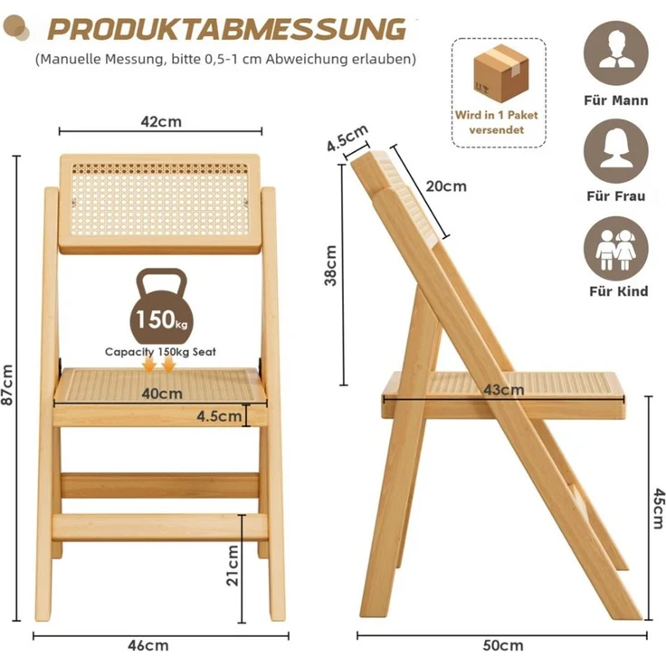 TLGREEN Klappstuhl aus Holz,Faltbar Esszimmerstuhl, (87 x 46 x 43 cm Rattan Stuhl mit Wiener Geflecht, 1 St), Rattan Stuhl, Balkonstuhl, Naturfarben – Bild 2