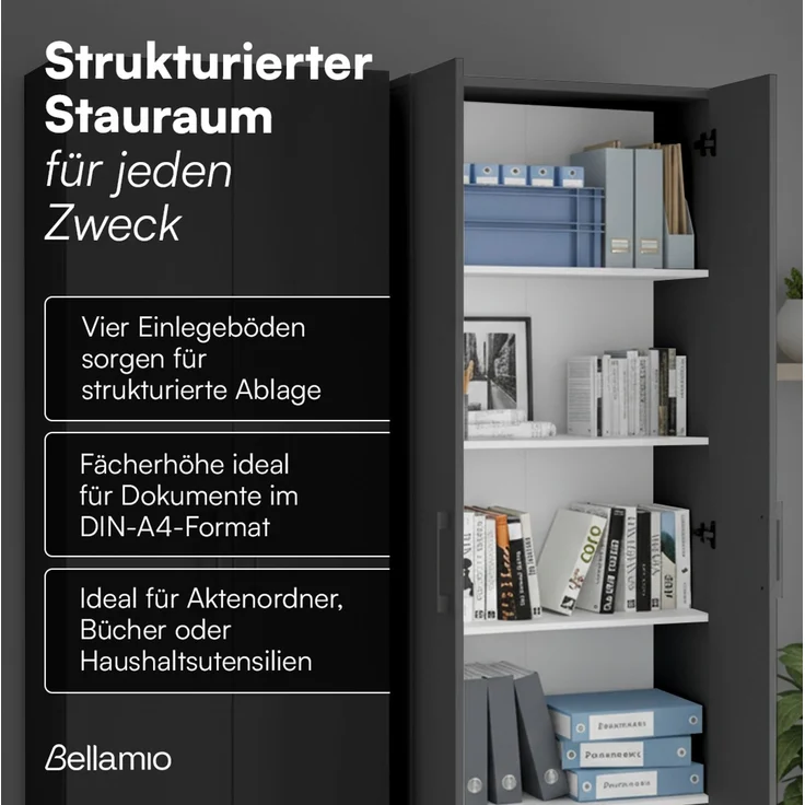 Bellamio 'Apol' Mehrzweckschrank, schwarz, 176x33x60 cm, Aktenschrank mit 5 höhenverstellbaren Ablagefächern – Bild 3