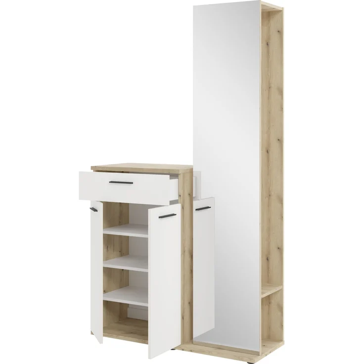 Kompaktgarderobe >Malaga< 2 Türen, 1 Schub, Spiegel, Eiche Dekor / Weiß - 105x188x38cm (BxHxT) – Bild 3