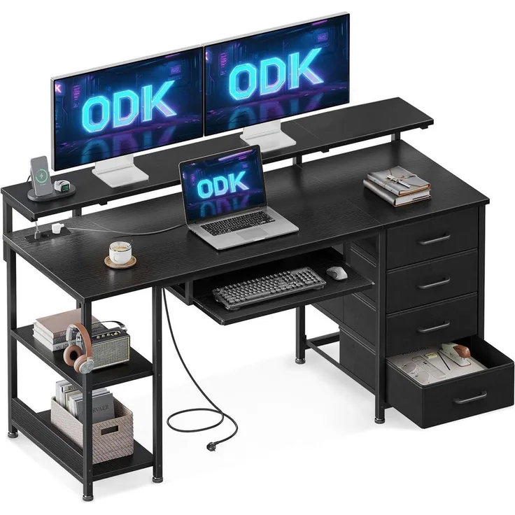 ODK Schreibtisch ODK Schreibtisch mit 4 Schubladen, Tastaturablage, Schwarz, 140x52x92cm