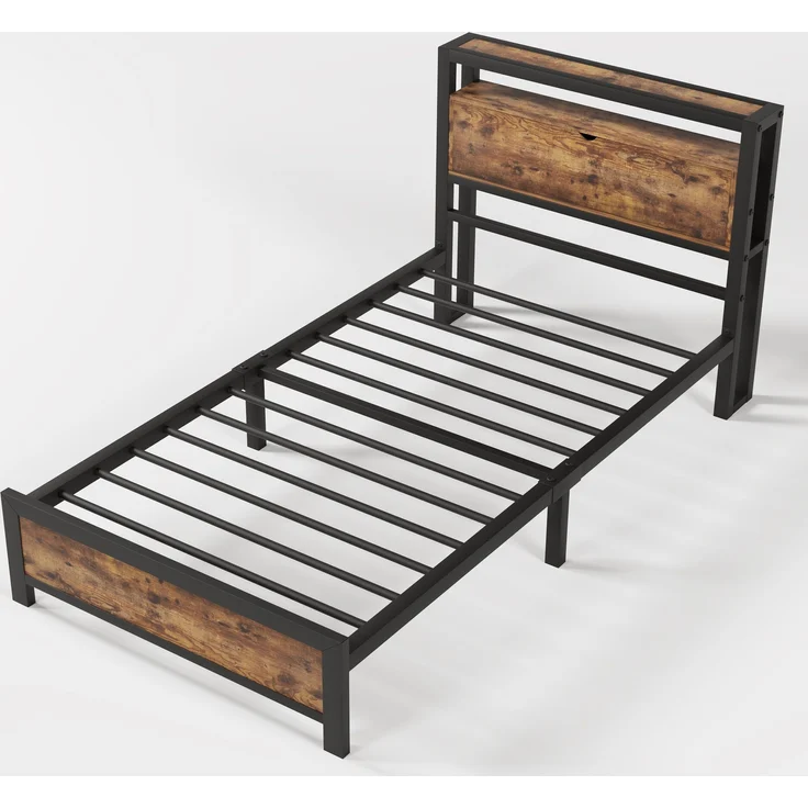 Metallbett mit Stauraum-Kopfteil & Lattenrost, 100x216x95 cm, Natur, ohne Matratze – Bild 5