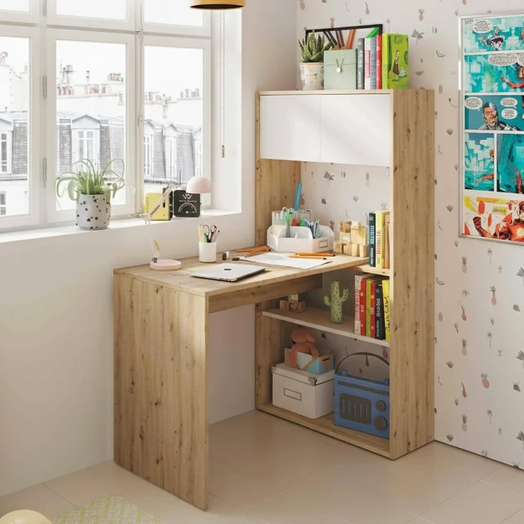 Dmora - Riverside-Schreibtisch, multifunktionaler umkehrbarer Eckschreibtisch mit Bücherregal, Arbeits- oder Bürotisch mit mehreren Positionen, 108 x 70 x 140 cm, weiße und geknotete Eiche – Bild 1