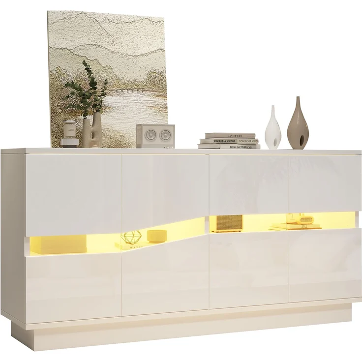 ZUBALIYA Sideboard 140x35x70 cm, mit LED-Beleuchtung, Hochglanz, mit 4 Türen, aus Spanplatte, Weiß – Bild 16