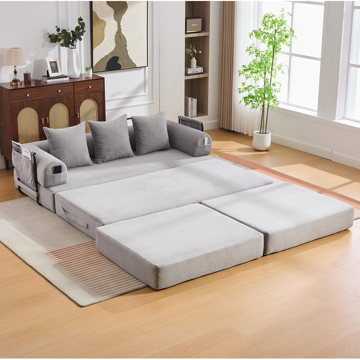 Modulares Cordsofa mit Hocker, Metallgestell & Seitentasche, 200x190x67 cm, Hellgrau – Bild 3