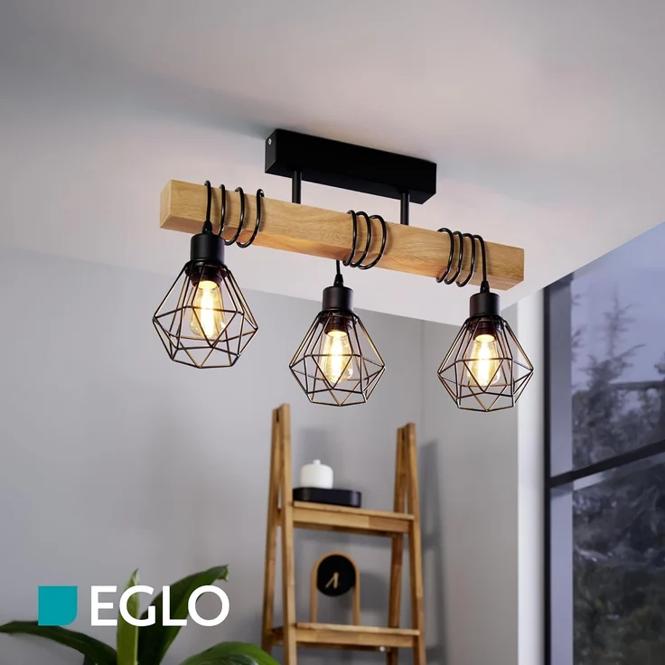 Eglo 43131 Hängeleuchte TOWNSHEND 5 Stahl schwarz, Holz braun E27 3X40W L:55cm B:20cm H:36cm dimmbar – Bild 3