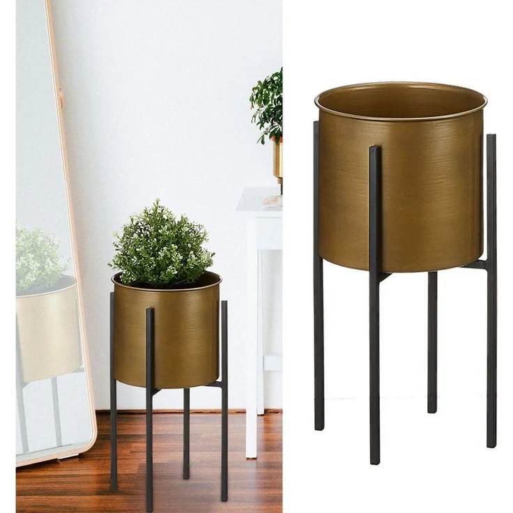 CEPEWA Blumentopf Pflanztopf gold auf schwarzem Gestell 24x50cm Blumenständer – Bild 1