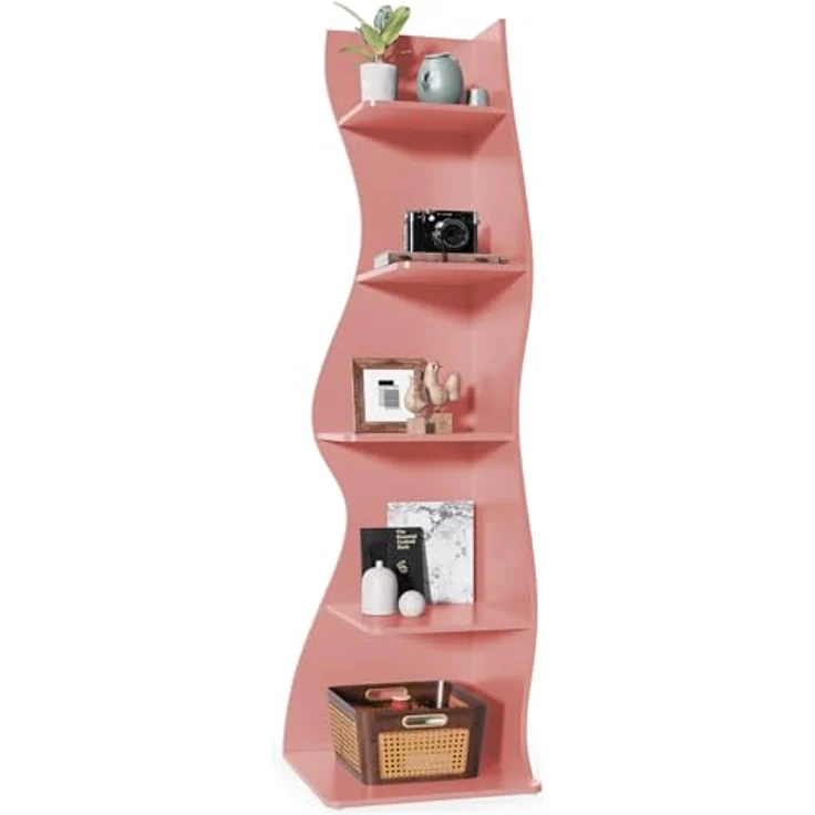 LITTLE TREE Bücherregal Ecke, Modernes Regal Schmal mit 6 Ebenen, 50 x 48 x 179 cm Bücherregal Holz, Standregal mit Wellen-Design für Kleine Räume, Wohnzimmer & Schlafzimmer, Rosa, 2er Pack – Bild 6