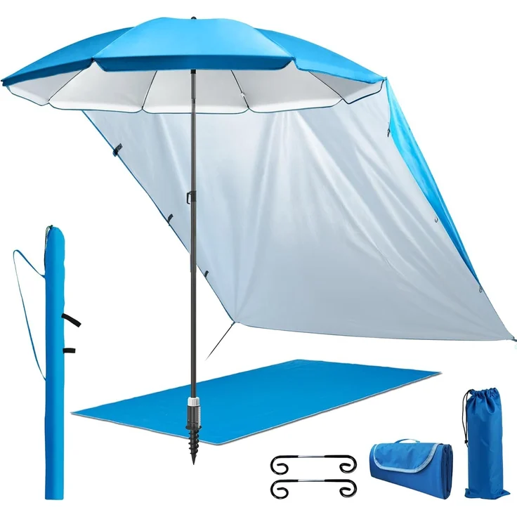 4smile Sonnenschirm 5er-Set Blau, Vielseitiger Sonnenschirm Strand, Ø 200 cm, windfester Strandschirm, Schirmständer Erdspieß, Sonnensegel Strand, Faltbare Stranddecke, Schirmhülle