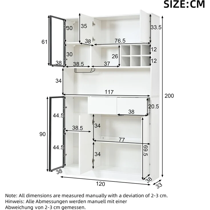 Hochschrank 120 x 33 x 200 cm in Weiß mit LED-Beleuchtung, Glastüren und Schubladen – Bild 5
