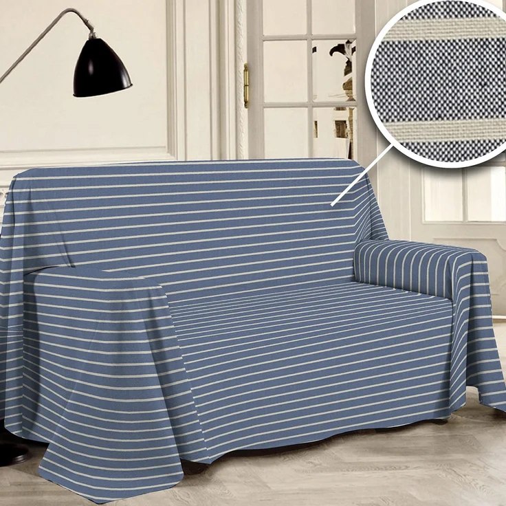 PENSIERI DELICATI Sofabezug 180x290 cm Made in Italy, Garn gefärbtes Abdeckung aus 100% Reiner recycelter Baumwolle, Blau Gestreift, Ideal als Möbel Tuch, Sofa Überzug, Picknickdecke