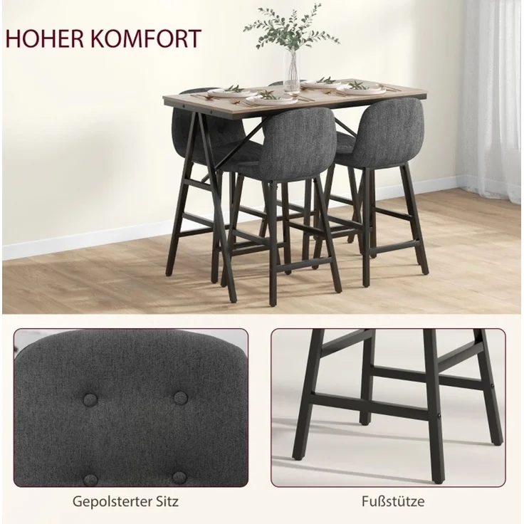 Bargarnitur 5-teilig, Tisch 120x60x91 cm und 4 gepolsterte Barhocker in Dunkelgrau – Bild 7