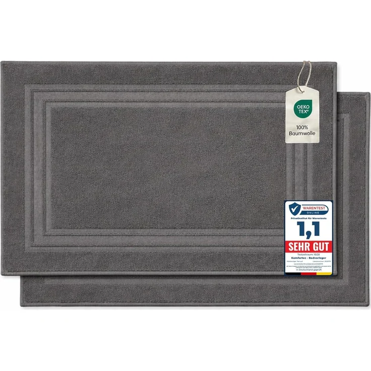 Komfortec Badvorleger Set 2 Teilig, Frottee Duschvorleger, Waschbar Duschmatte & Badteppich, 600 g/m² &100% Baumwolle, Saugfähig & Schnelltrocknend, 50x70 cm, Anhtrazit – Bild 1