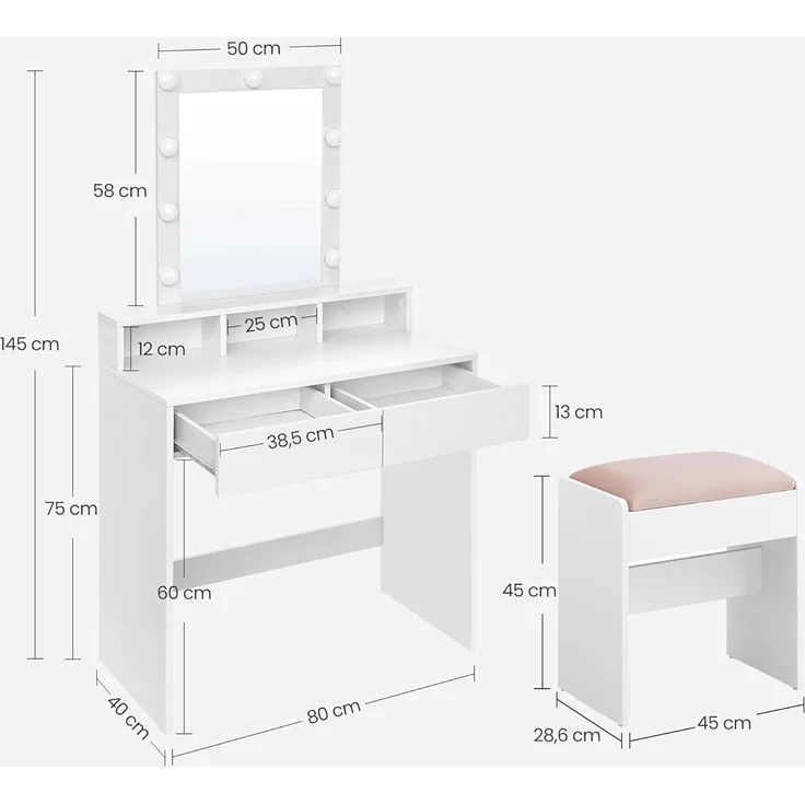VASAGLE Schminktisch mit LED-Beleuchtung, Sitzhocker, Kosmetiktisch mit 2 Schubladen und 3 offenen Fächern, Makeup-Hocker aus Samt, für Schlafzimmer, weiß und mattweiß-pastellrosa RDT714W01 – Bild 7