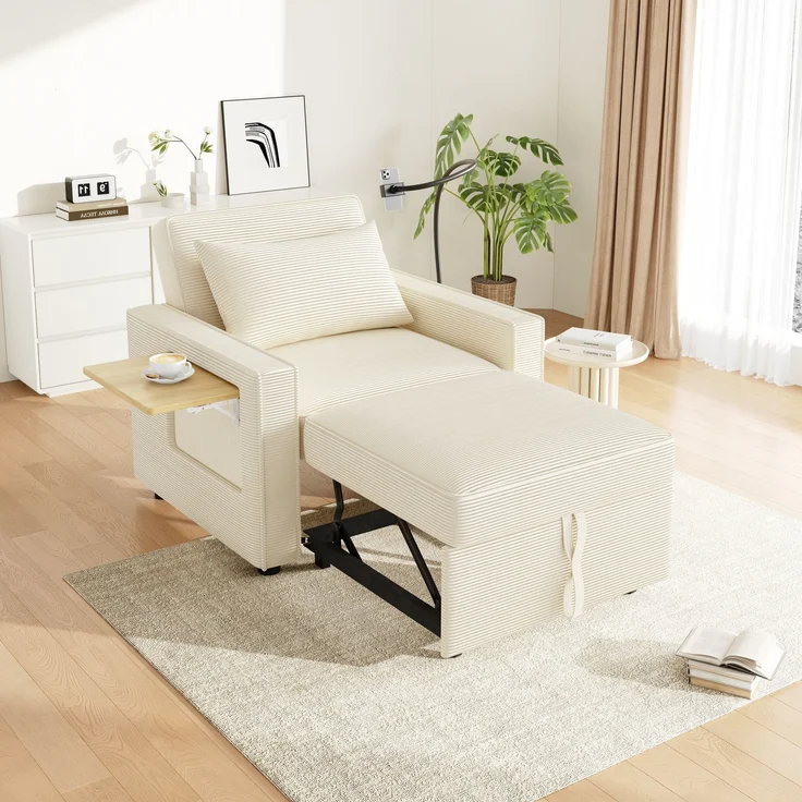Multifunktionales faltbares Schlafsofa mit USB-Ladeanschluss und Handyhalter, 1-Sitzer Relaxsessel Sofa Bett umwandelbar, platzsparend für Wohnzimmer und Schlafzimmer, Cord Stoff, Beige – Bild 4