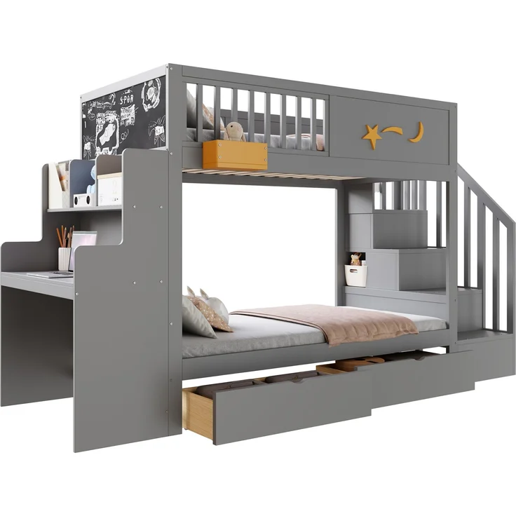 Etagenbett für Kinder mit Aufbewahrungsschubladen, Sicherheitstreppe, Schreibtisch und Sternenmotiv – 90 x 200 cm Massivholzrahmen aus Kiefernholz, Grau – Bild 10