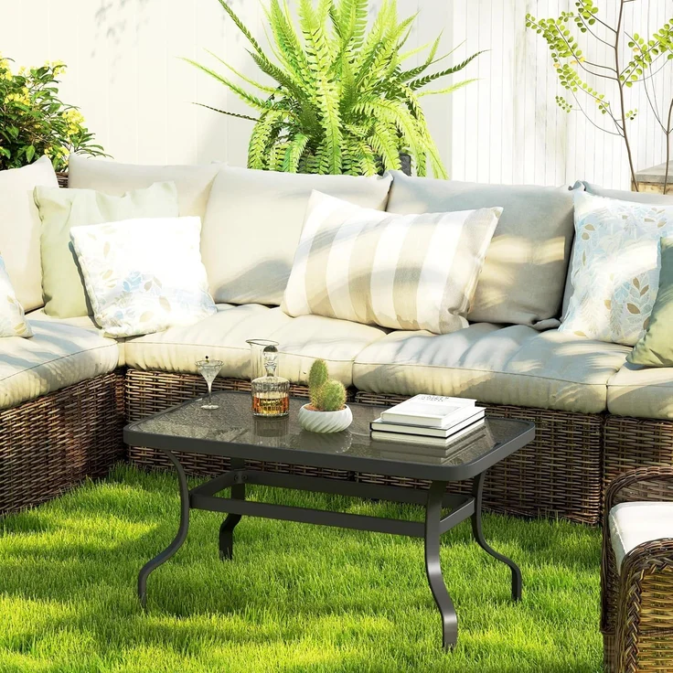 Outsunny Beistelltisch Hartglas, mit Wellendesign, Abgerundete Ecke (Kaffeetisch, 1-St, Rechteckiger Couchtisch), Gartenmöbel für Wohnzimmer, Garten, Terrasse, Balkon – Bild 7