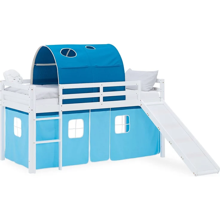 Hochbett Kinder 90x200 cm mit Rutsche Kinderbett Kinderhochbett Stockbett Vorhang Tunnel Blau Holz Massiv – Bild 1