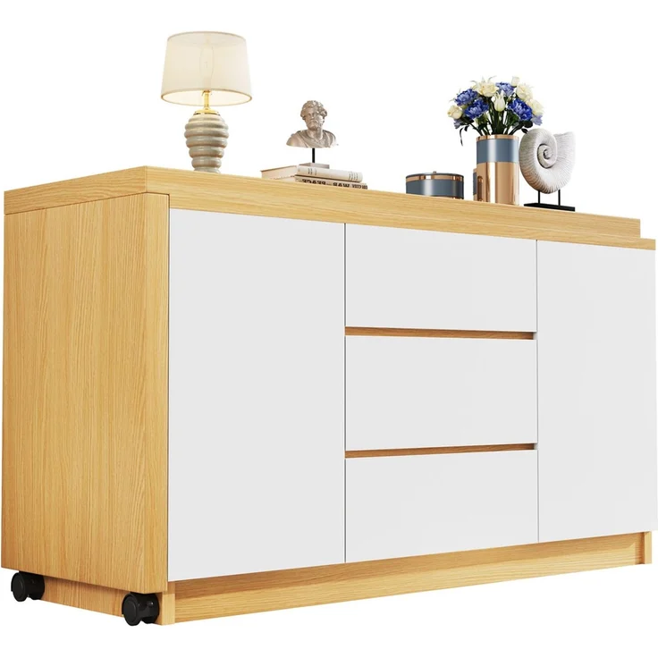 ZUBALIYA drehbarer Eckschreibtisch auf Rollen, feststellbare Rollen, H 76.5 × B 120 × T 50 cm, Eiche / Weiß, flexibel aufstellbar, für Büro und Homeoffice – Bild 7