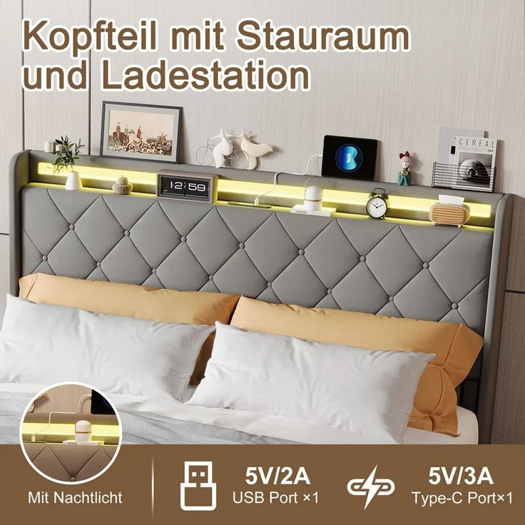 PXloue Polsterbett Led Doppelbett (1-tlg, Modernes Jugendbett, Leises Design Bett, Samtmaterial Polsterbett), Mit LED-Beleuchtung und Ladefunktion, Belastbarkeit 300 kg – Bild 4