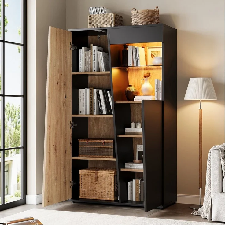 Merax Standvitrine mit LED-Beleuchtung,Vintage Hochschrank Vitrinenschrank mit Soft-Close (1-St, 80 x 35 x 139,5 cm) Vitrine mit 2 Türen, 9 Staufächern & verstellbarem Sicherheitsglas – Bild 2
