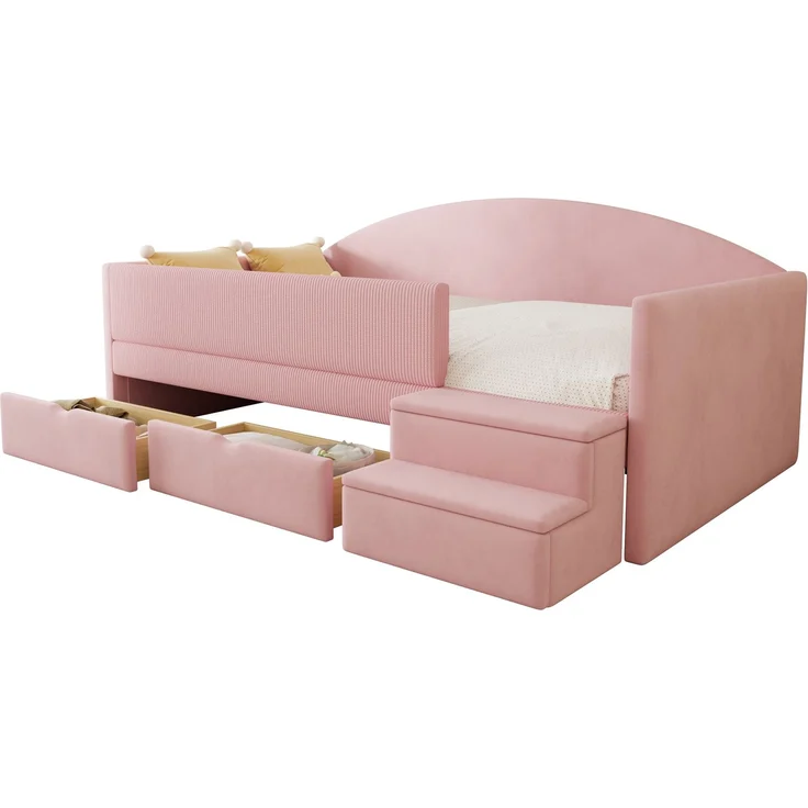 EINHOM Polsterbett Sofabett 90 x 190 cm mit Stauraum, Kinderbett Multifunktionsbett, mit Zwei Schubladen und Zäunen, mit Stufen, Hautfreundlicher Samtstoff, Rosa (Ohne Matratze) – Bild 4