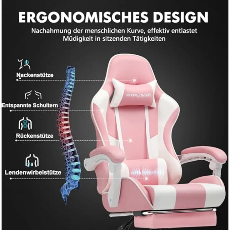 GTPLAYER Gaming Stuhl, Bürostuhl, Ergonomischer Pc Stuhl, Gaming Sessel mit Massagelendenwirbelstütze, Task Stühle mit Fußstütze und Kopfstütze, Rosa Kunstleder – Bild 6