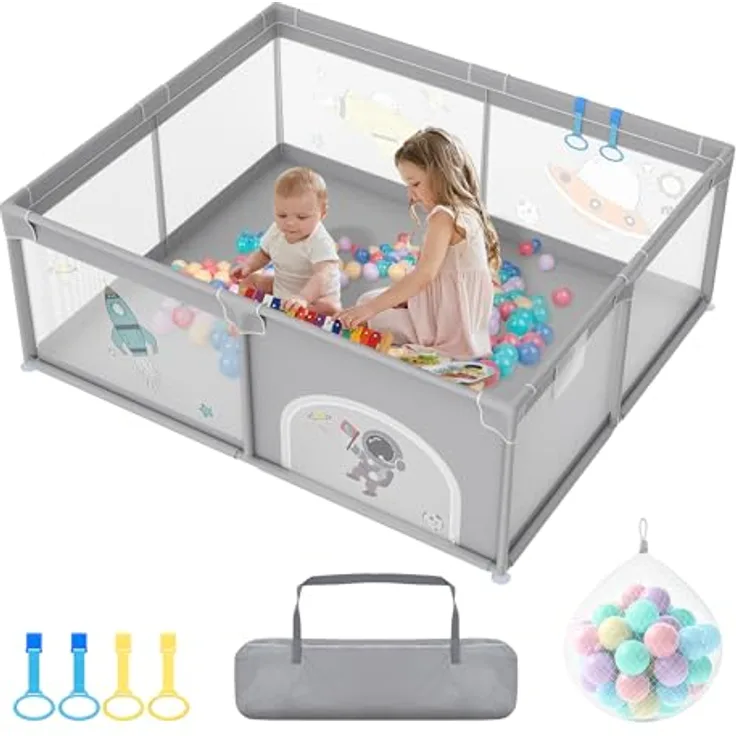 FIVMEN Laufstall 150x180cm Mit 50 Spielbällen, Krabbelgitter und 4 Zugringen - Tragbarer Baby Playpen, Grauer Raumfahrer