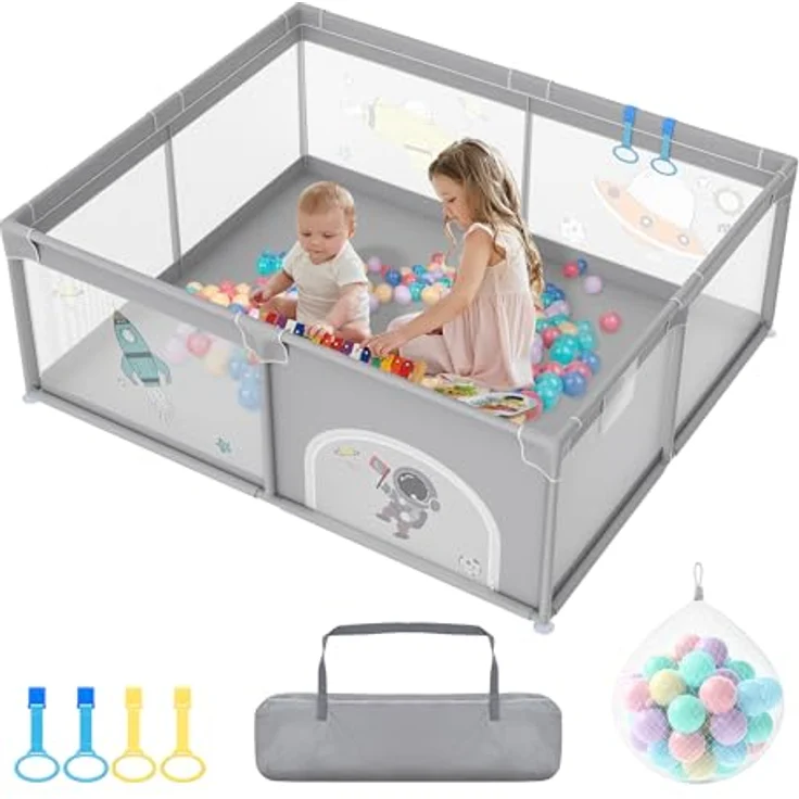 FIVMEN Laufstall 150x180cm Mit 50 Spielbällen, Krabbelgitter und 4 Zugringen - Tragbarer Baby Playpen, Grauer Raumfahrer – Bild 1