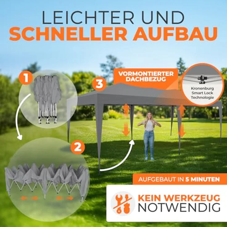 Kronenburg Faltpavillon wasserdicht Pavillon mit 6 Seitenteilen, Gartenzelt, 3x6 m - mit UV Schutz 50+, Grau – Bild 5