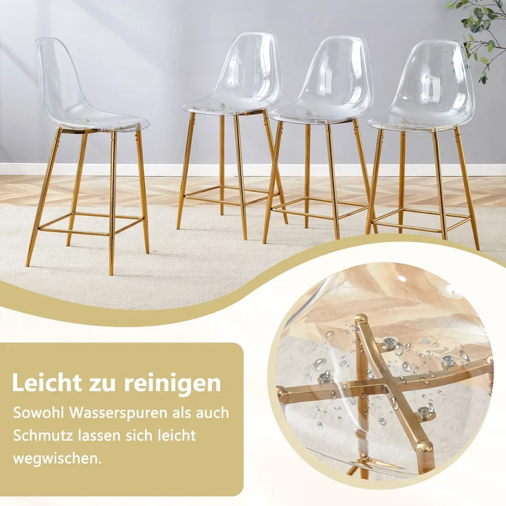 Transparente Barhocker Set, 2er Pack, mit Metallgestell in Silber/Gold/Schwarz, Moderne Design-Stühle für Küche, Bar oder Esszimmer (Nur Stühle, ohne Tisch)--Gold2--51x45x102cm--YOUDENOVA – Bild 7