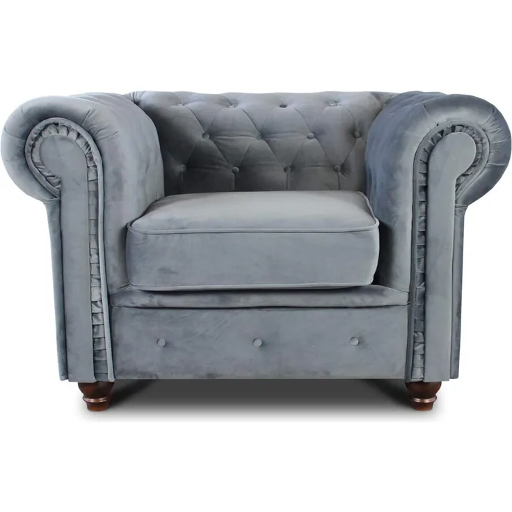 Sessel Chesterfield Asti - Couch, Couchgarnitur, Couchsessel, Loungesessel, Stühl, Holzfüße - Glamour Design, Velours (Grau (Velvet 10))