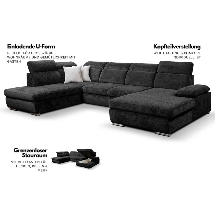WERK2 Wohnlandschaft Cordoba inkl. Bett & Bettkasten, Kopfteilverstellung, zeitlos, bequem, Struktur, U-Form, XXL, Schlaffunktion, Bettkasten – Bild 3