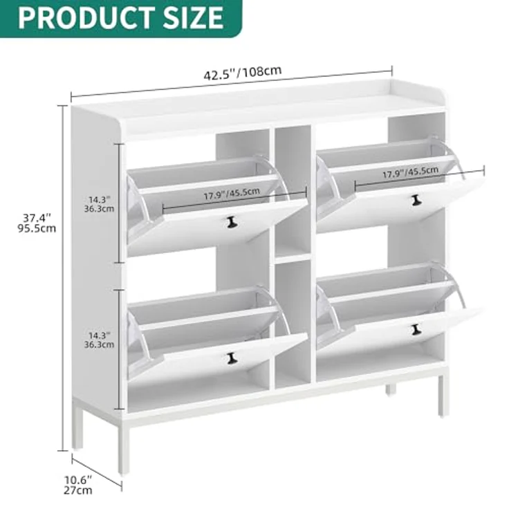 YITAHOME Schuhschrank Schmal mit 4 Klappen, 108 x 27.5 x 95.5 cm für 16 Paar Schuhe mit 2 Offene Regale, Schuhschrank Weiß, Schuhkipper, Schrank Flur Schuhkommode im Flur, Platzsparend – Bild 3