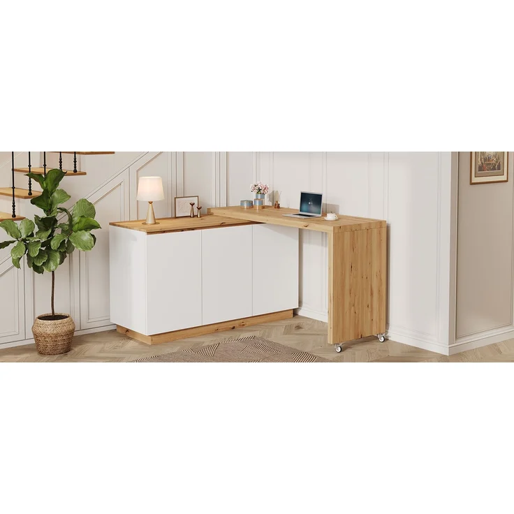 ZUBALIYA Schreibtisch mit feststellbaren Rollen – multifunktionales Design, 4 cm dickere, drehbare Tischplatte, fest arretierbar, weiß/Eiche, Faltbarer Schreibtisch, Eckschreibtisch, Sideboard,Dicke Materialie – Bild 20
