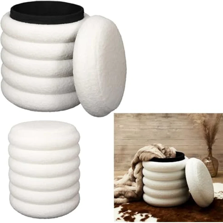HOME DECO FACTORY, HD7623, Bouclette Freya Aufbewahrungs-Pouf, Natural Crush, Möbel, Sitz, Pouf und Bodenkissen, 37 x 43,5 x 37 cm, Sitzhöhe 43,5 cm, Weiß – Bild 8