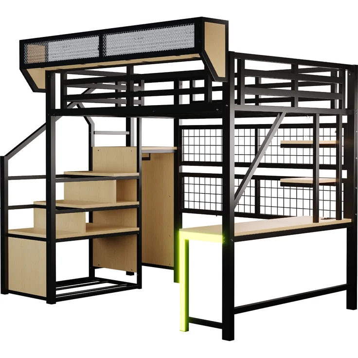Merax Hochbett 140 × 200 cm, Kinderbett Jugendbett, Mit Schreibtisch, Regal und Aufbewahrungsnetz, Komplett Mit Sicherheitsleiter, LED-Beleuchtung und Steckdose, Erhöhtem Geländer, Schwarz – Bild 9