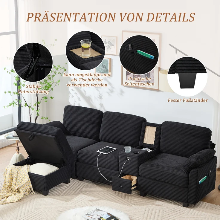 LVHOM 3-Sitzer Sofa mit Hocker, L-Form Ecksofa mit Stauraum, USB-C-Anschluss und 2 Getränkehaltern, modulares Sofa, Schwarz – Bild 5