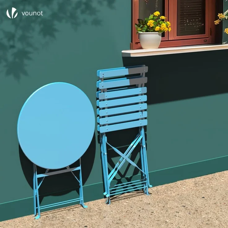 VOUNOT Bistroset 3-teilig, Klappbar Bistrotisch mit 2 Stühlen, Gartenmöbel Set Balkonset Gartengarnitur, Sitzgruppe Metall, Bistro Set Outdoor, Blau – Bild 7