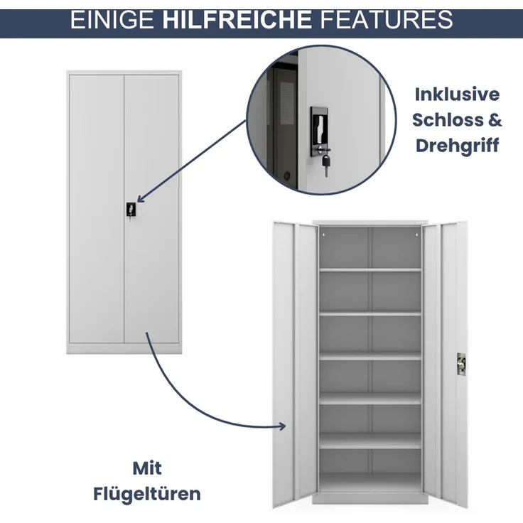 Aktenschrank abschließbar KADO - 6 Ebenen verstellbar, Flügeltüren | Metallschrank Werkstatt Mehrzweckschrank Büroschrank aus Stahl Werkzeugschrank, 220 x 90 x 40 cm Grau – Bild 5