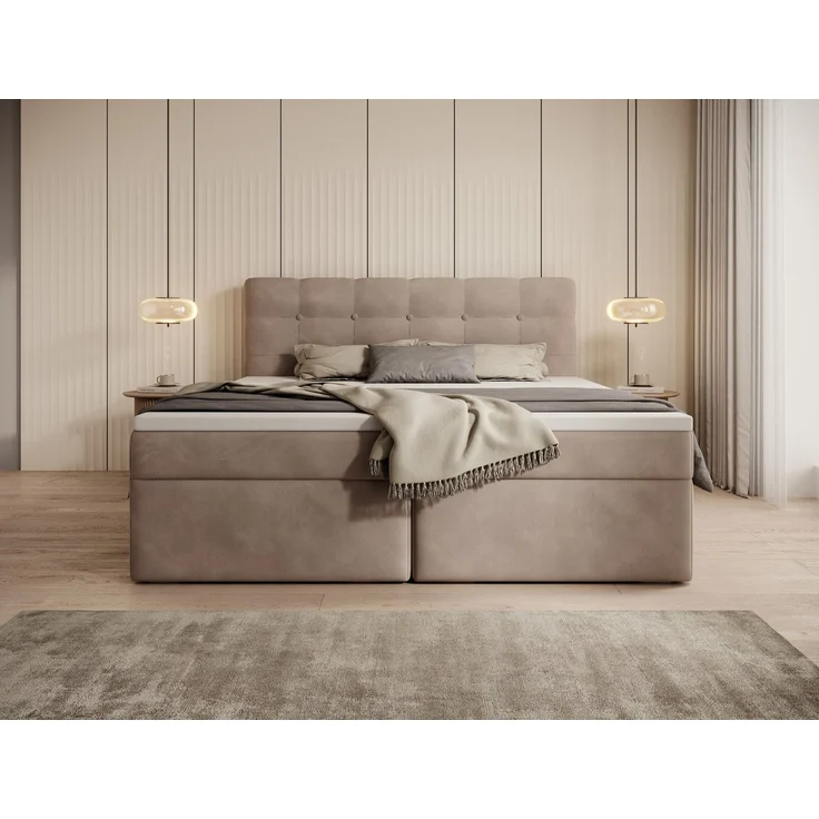 thematys Boxbett Luxus mit Bettkasten 200x200cm, mit Bonnellfederkernmatratze H3, Bouclé/Velours, mit Stauraum, mit 3 cm Topper, Beige (Holland 91), Art.-Nr. S0WGG0AN4FN – Bild 4