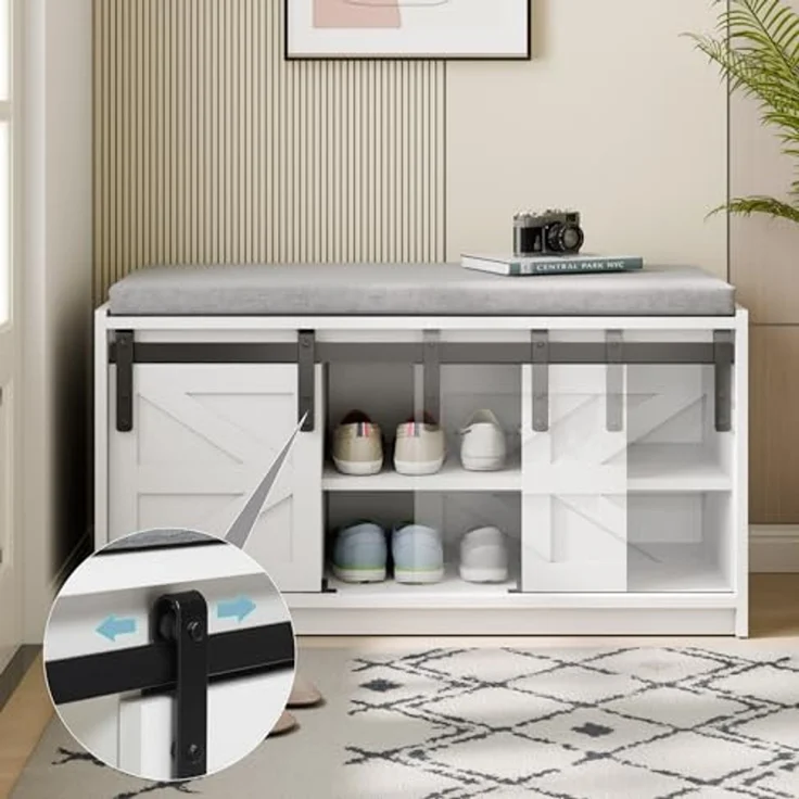 Mondeer Schuhbank mit Sitzfläche, Sitzbank mit Stauraum und Schiebetüren Abnehmbarem Sitzkissen, für Flur Eingang Schlafzimmer, 90 x 45 x 35 cm, Weiß – Bild 4