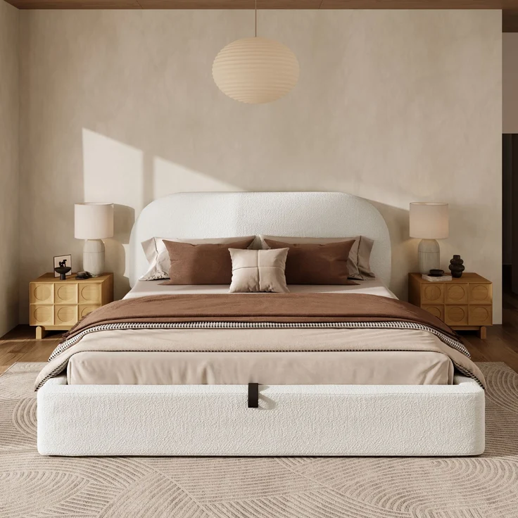 Polsterbett,Doppelbett,180 x 200cm, hydraulisches Funktionsbett,Bett mit Lattenrost, Kopfteil und großem Stauraum, gepolstertes Kopfteil, Beige Bouclé – Bild 2