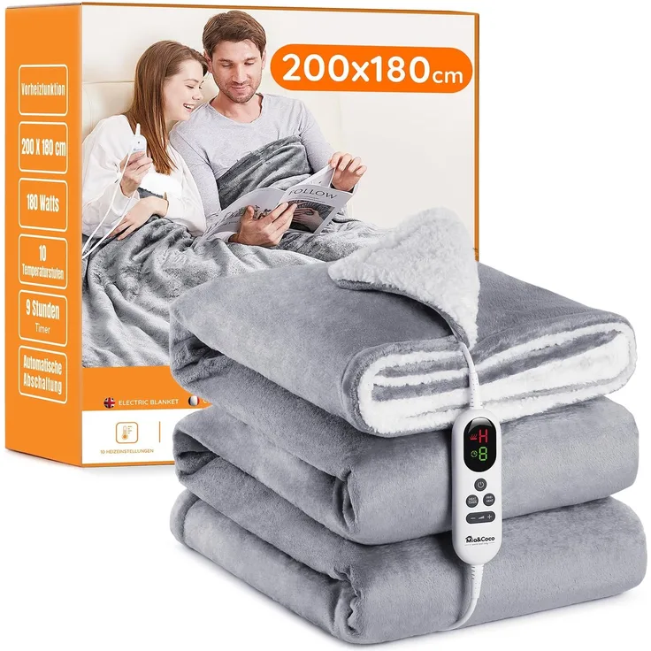 Heizdecke mit Abschaltautomatik, 200x180 cm 10 Heizstufen 1~9 Stunden Auto-Off-Timer Überhitzungsschutz, Elektrische Wärmedecke Bett Wärme Decke ETL für Home & Office Schnelle Flanell Waschbar Grau